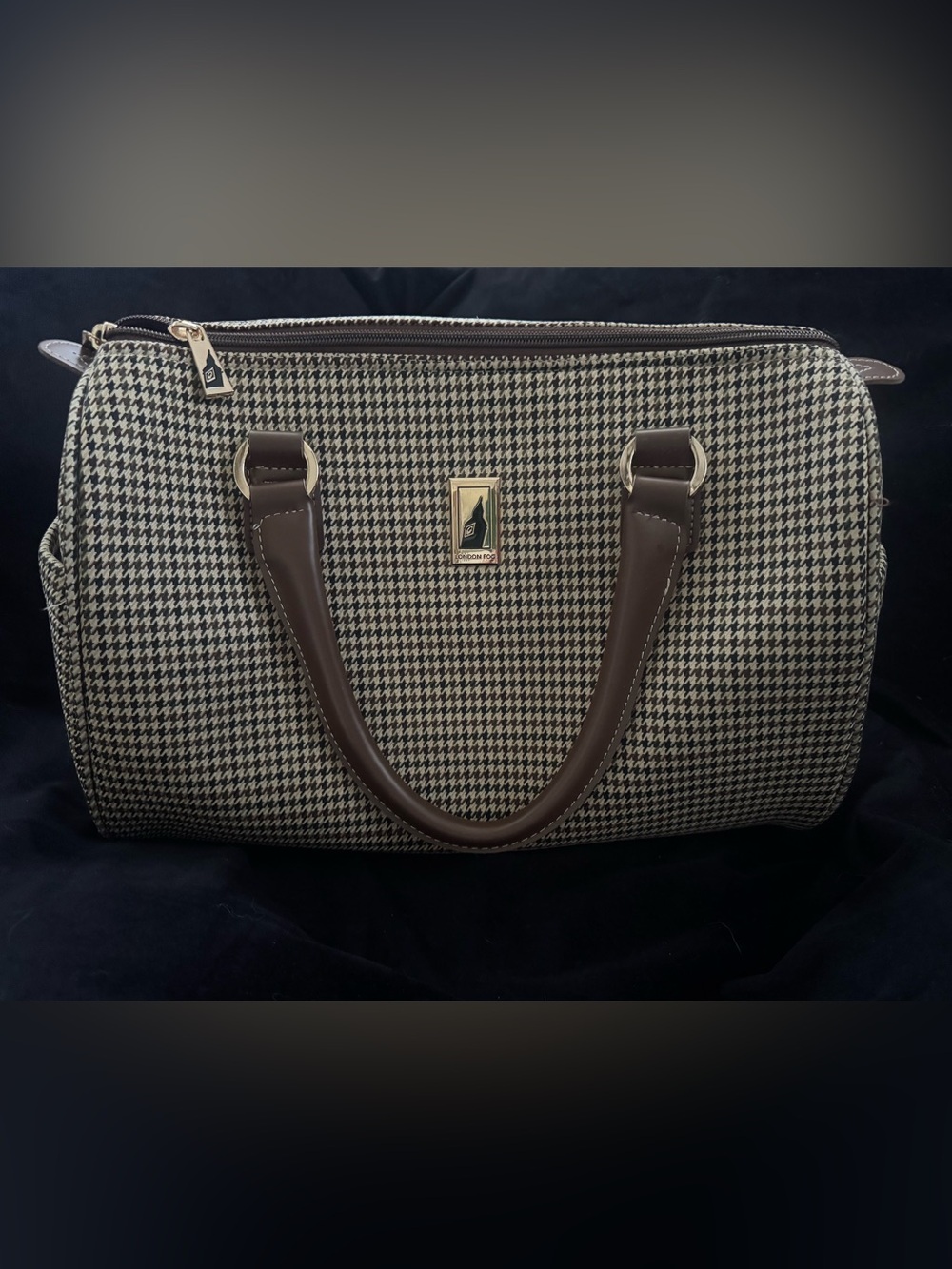 London Fog Houndstooth Satchel Bag with Brown Trim
